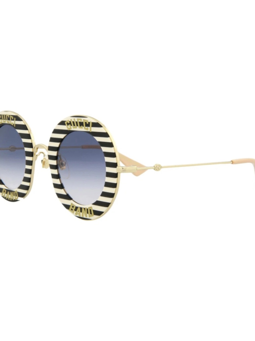 Gucci Round Striped Sunglasses in Black, White & Gold with Blue Gradient Lenses